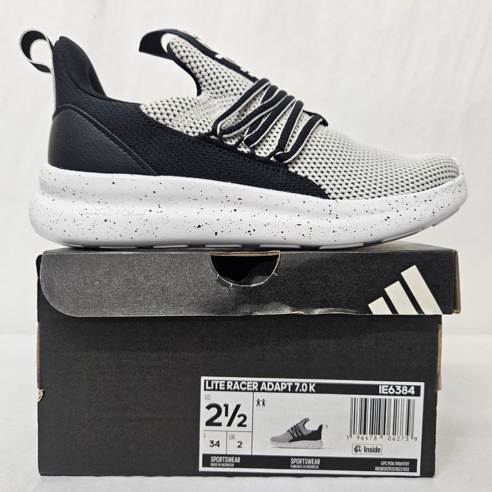 Adidas Lite Racer Adapt 7.0 K Athletic Shoes IE6384 Black White Kids Size 2.5
